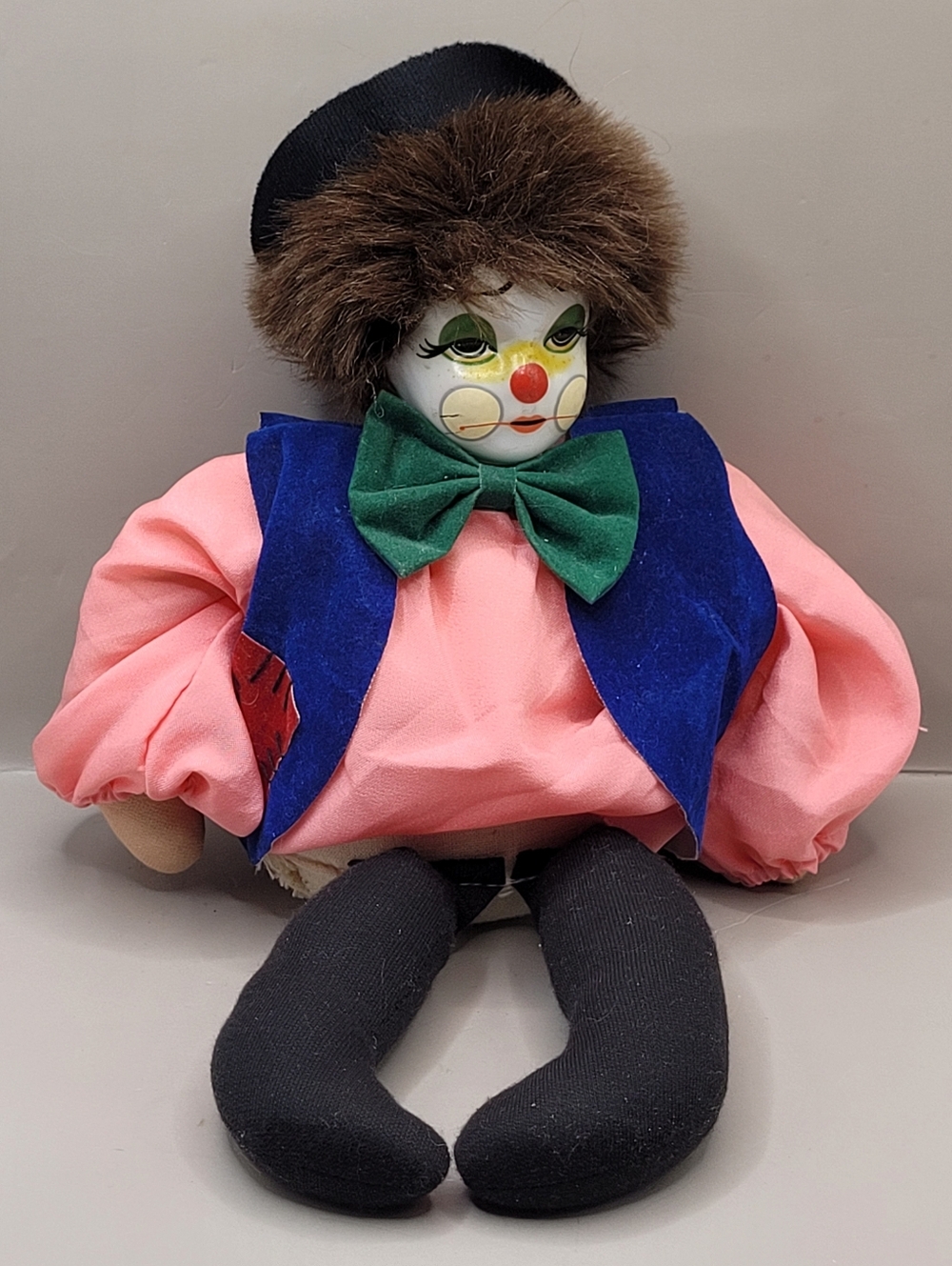 Vintage Handmade Clown Shelf Sitter Doll Porcelain Face Faux Fur Hair 11”